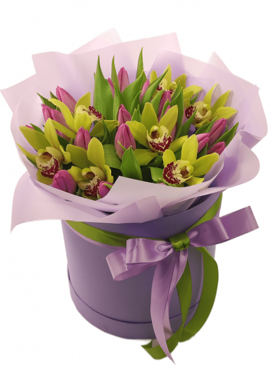 Тюльпаны + орхидеи  в коробке