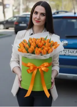 51 оранжевых тюльпанов в коробке (импорт, Голландия)