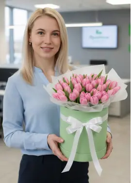 51 розовых тюльпанов в коробке (импорт, Голландия)