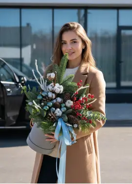 Новогодняя коробка Happy New Year с цветами и елками