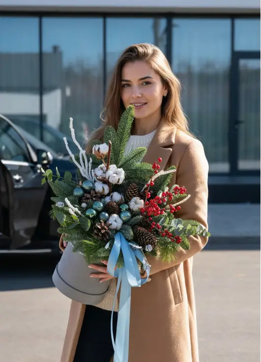 Новогодняя коробка Happy New Year с цветами и елками