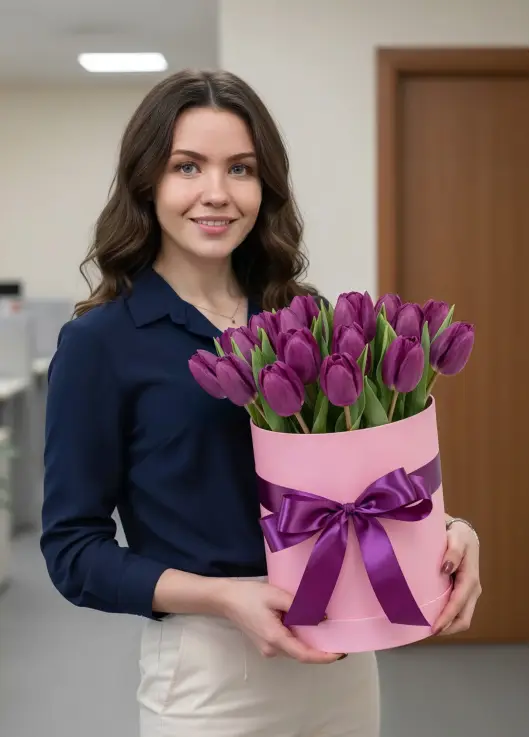 25 фиолетовых тюльпанов в коробке (импорт, Голландия)