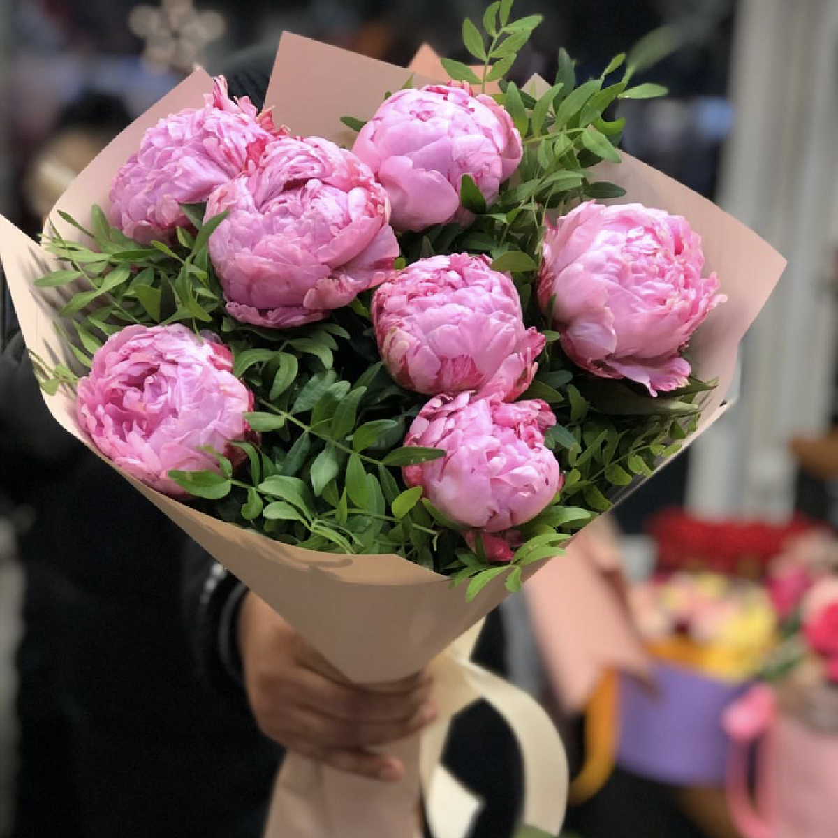 a beautiful bouquet of 7 pink peonies